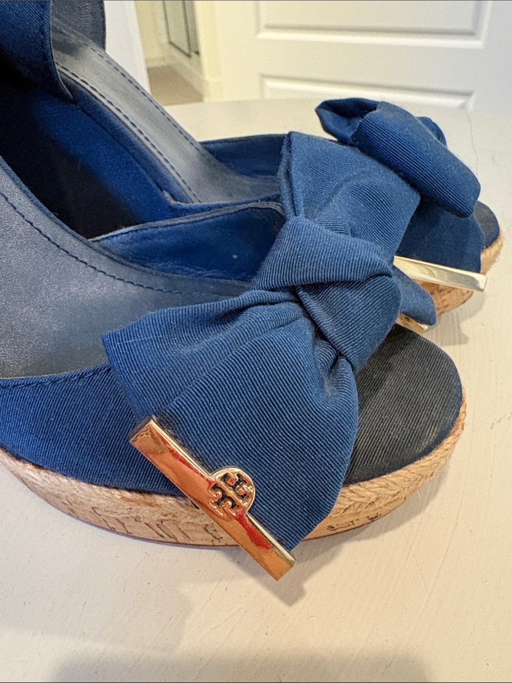 Tory Burch Navy Bow Espadrille Wedge Sandals - Picture 3 of 8